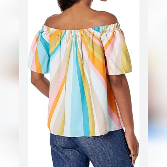 Trina Turk Loveable Off the Shoulder Multicolor Bright Striped Summer Top - Picture 3 of 3